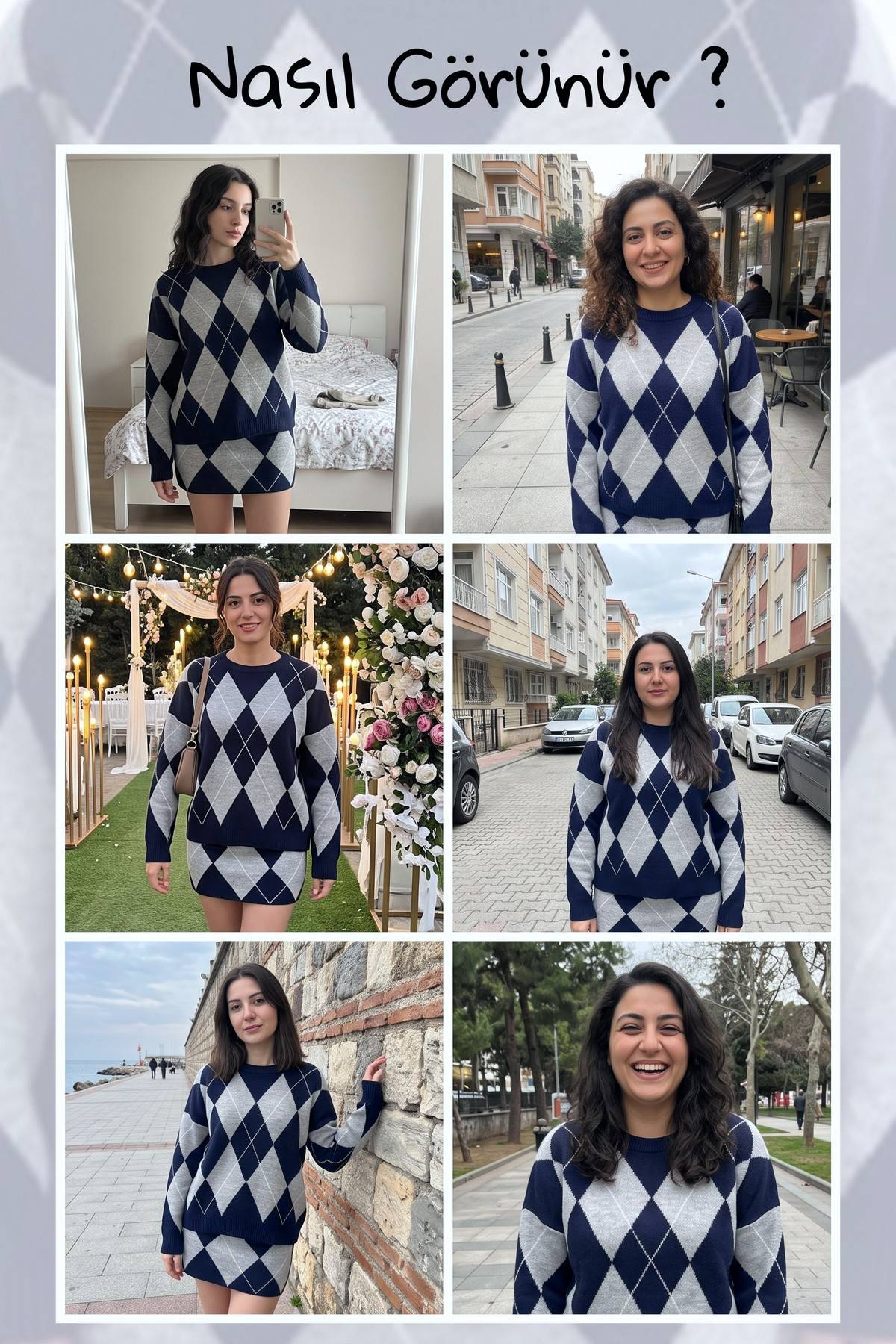 Lacivert baklava desenli, bisiklet yaka, oversize The ZKS kazak ve mini etek farklı mekanlarda kombin görünümü