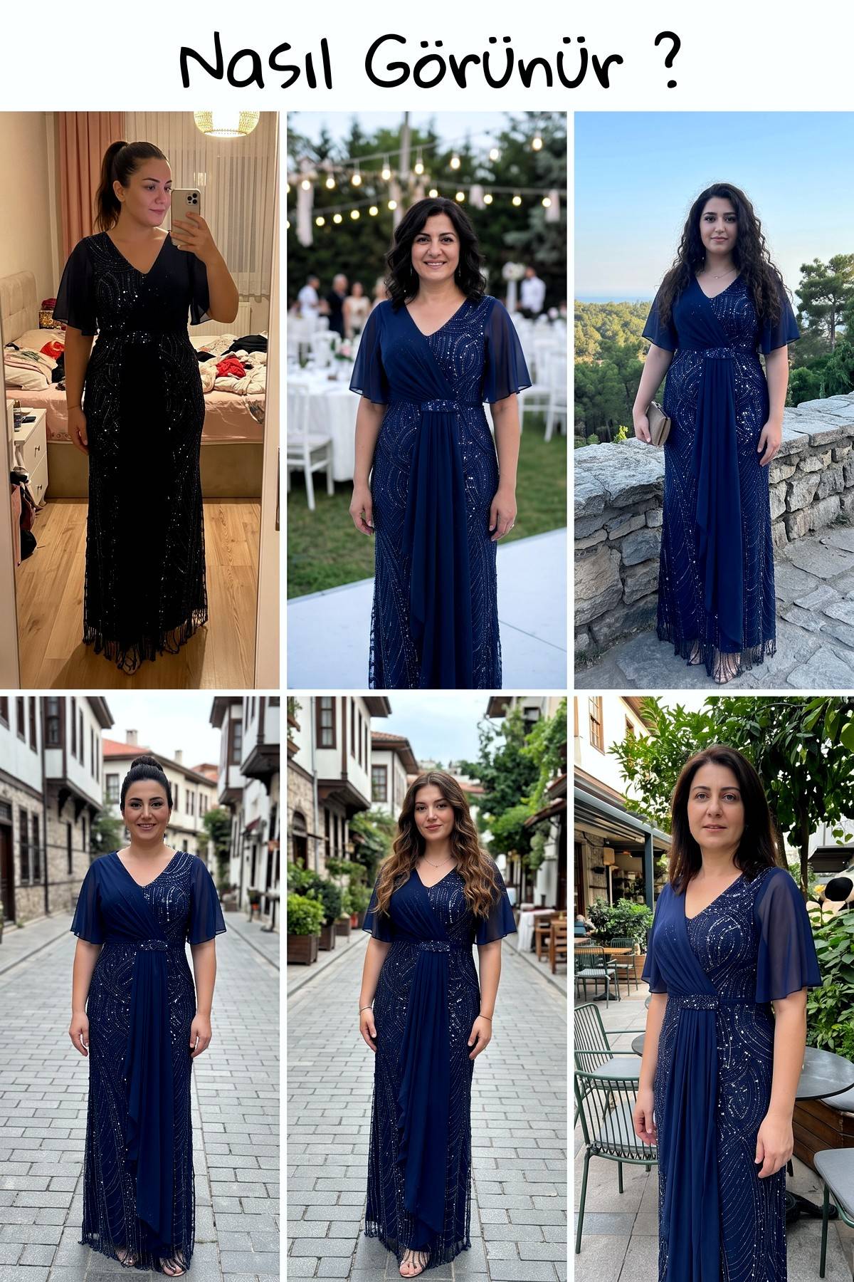 Farklı ortamlarda giyilmiş lacivert şifon balık abiye elbise modelleri, boncuk işlemeli ve yarasa kollu
