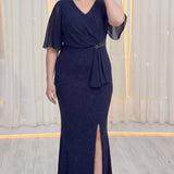 Lacivert Büyük Beden Yan Taşlı Şifon Kol Abiye Elbise