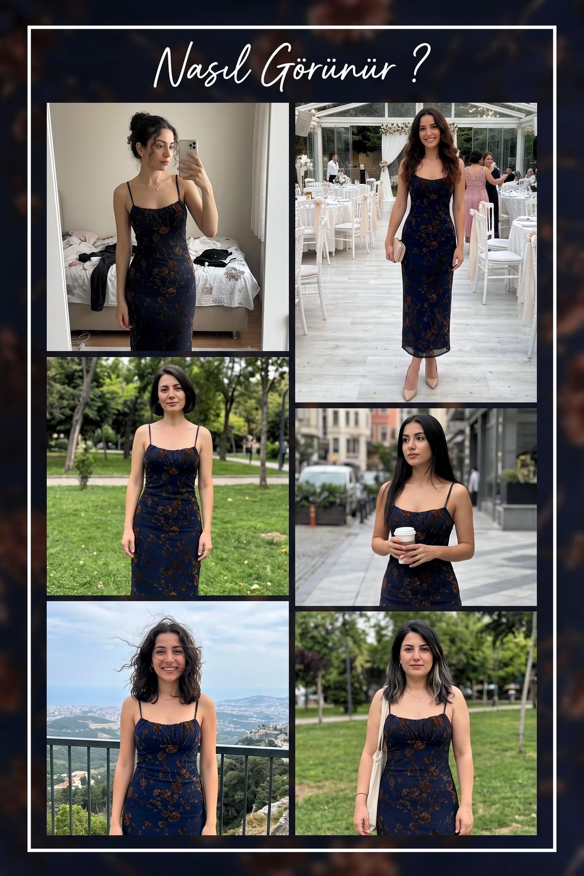 The ZKS lacivert çiçek desenli midi elbise, farklı mekanlarda çekilmiş altı farklı görsel.