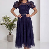 Lacivert Dantel Balon Kol Midi Abiye Elbise