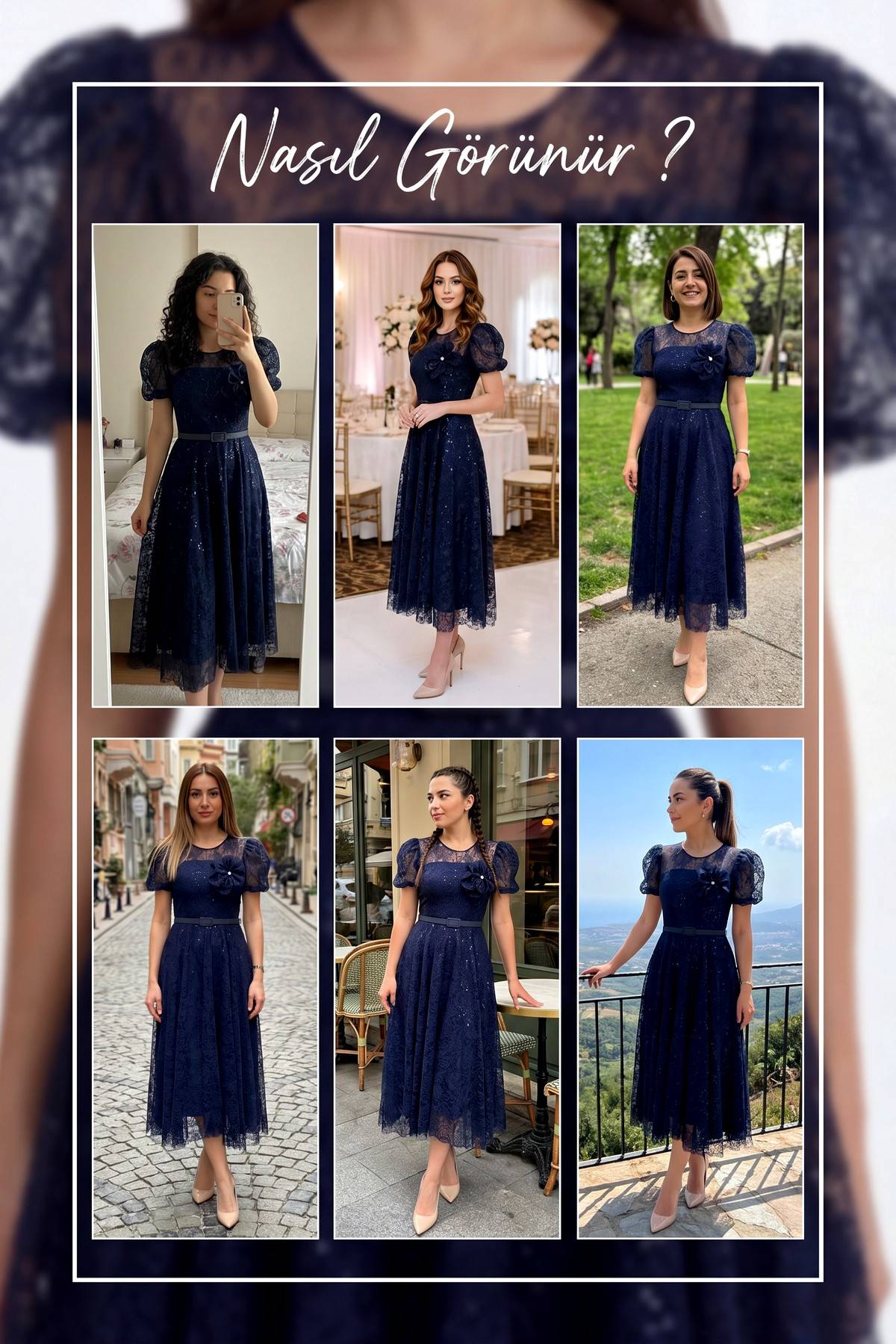 Farklı mekanlarda giyilmiş The ZKS lacivert dantel balon kol midi abiye elbise kombinleri.