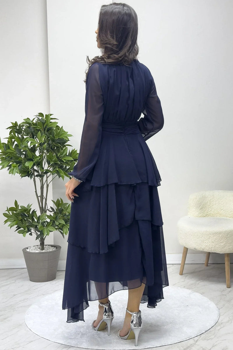 Lacivert Dik Yaka Drape Detay Kat Kat Maxi Şifon Elbise - the ZKS