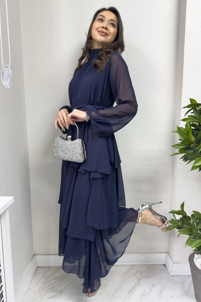 Lacivert Dik Yaka Drape Detay Kat Kat Maxi Şifon Elbise - the ZKS
