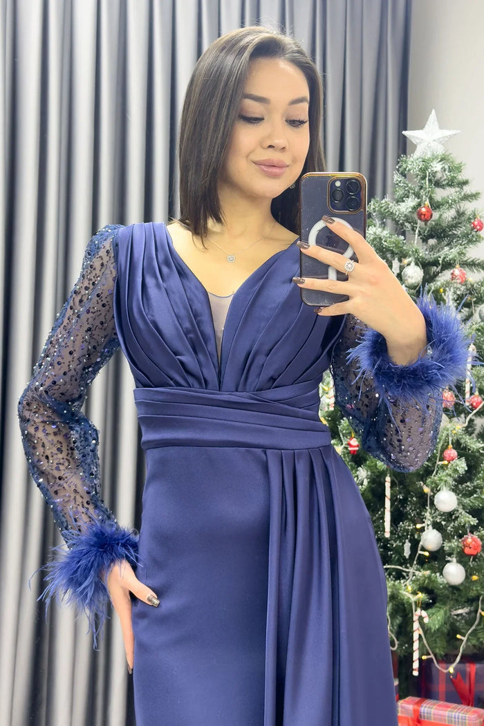 Lacivert Drapeli Saten Kuyruklu Büyük Beden Abiye Elbise - the ZKS