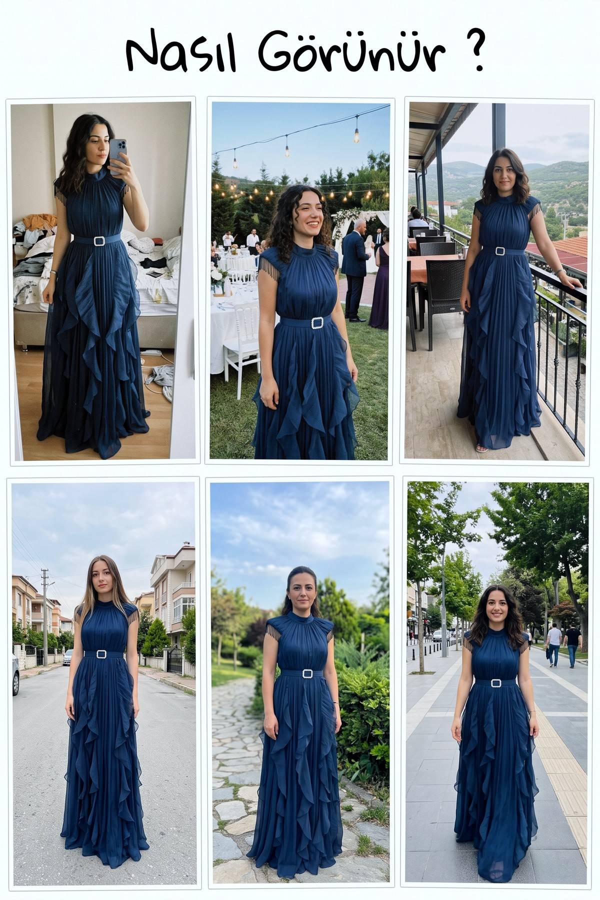 Farklı ortamlarda The ZKS lacivert abiye elbise halter yaka fırfır detaylı kemerli modelin duruşları kolajı