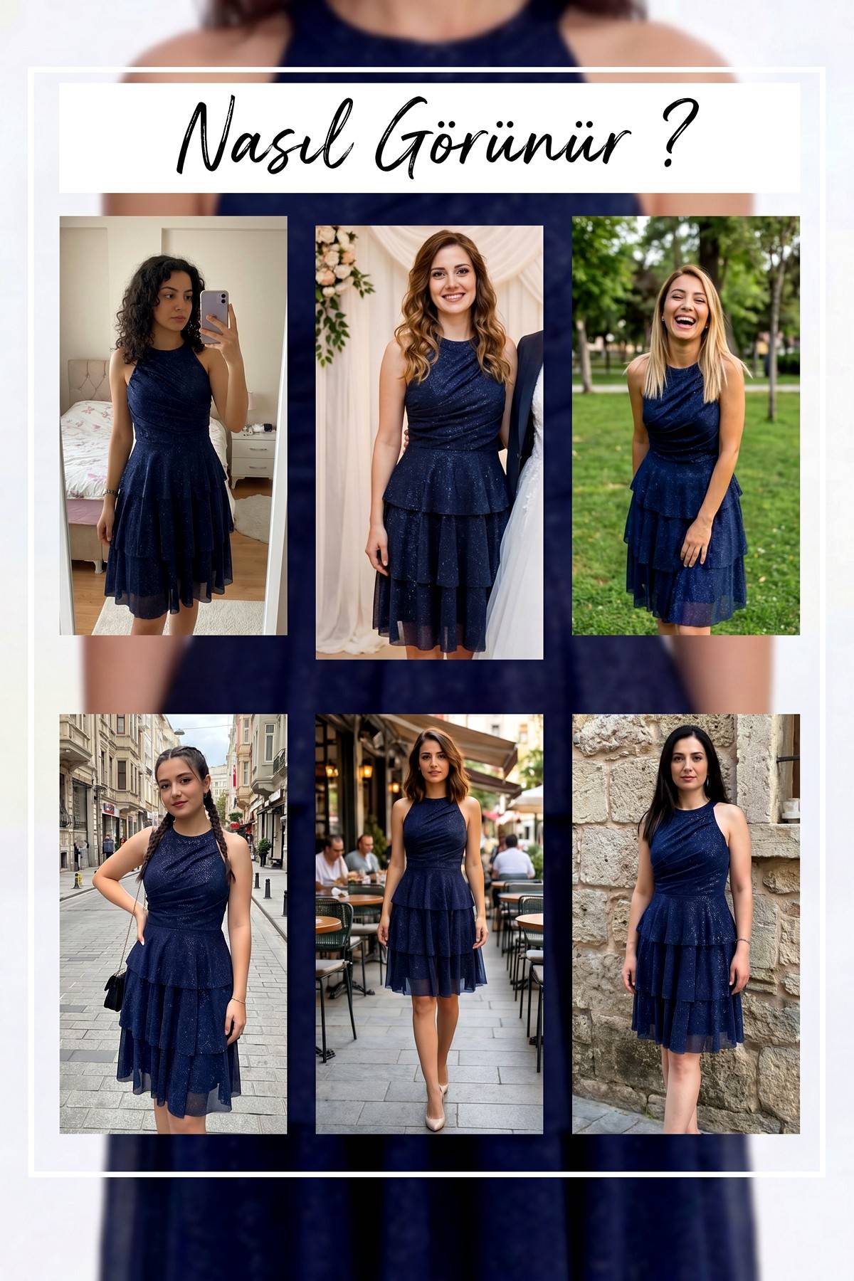Farklı modellerin The ZKS lacivert halter yaka simli kısa abiye elbiseyi farklı ortamlarda giydiği kolaj.