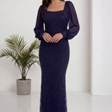 Lacivert Kare Yaka Şifon Kol İşlemeli Balık Abiye Elbise