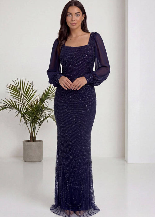 Lacivert Kare Yaka Şifon Kol İşlemeli Balık Abiye Elbise