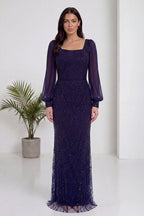 Lacivert kare yaka şifon kollu, balık kesim, geometrik desenli işlemeli abiye elbise tam görünüm