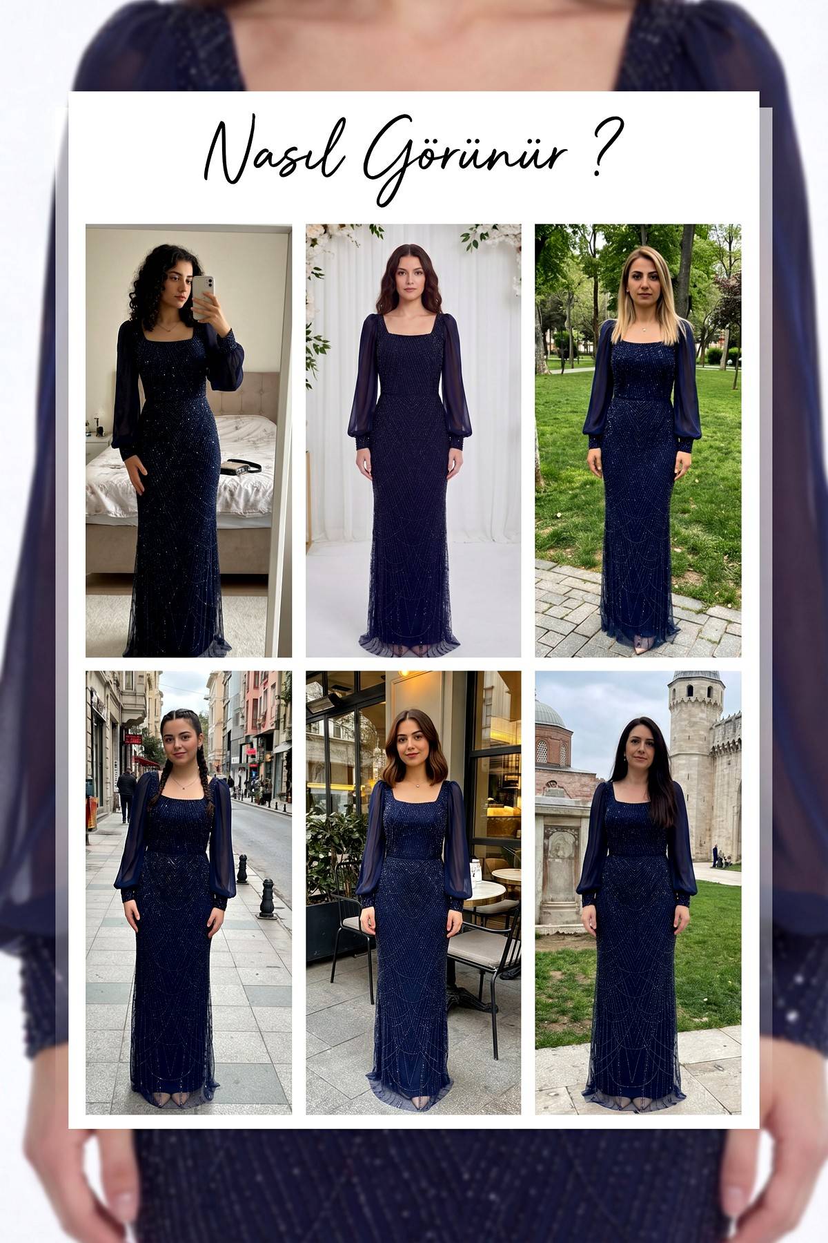 Lacivert kare yaka şifon kollu, balık kesim, işlemeli abiye elbise farklı mekanlarda giyim kombinleri