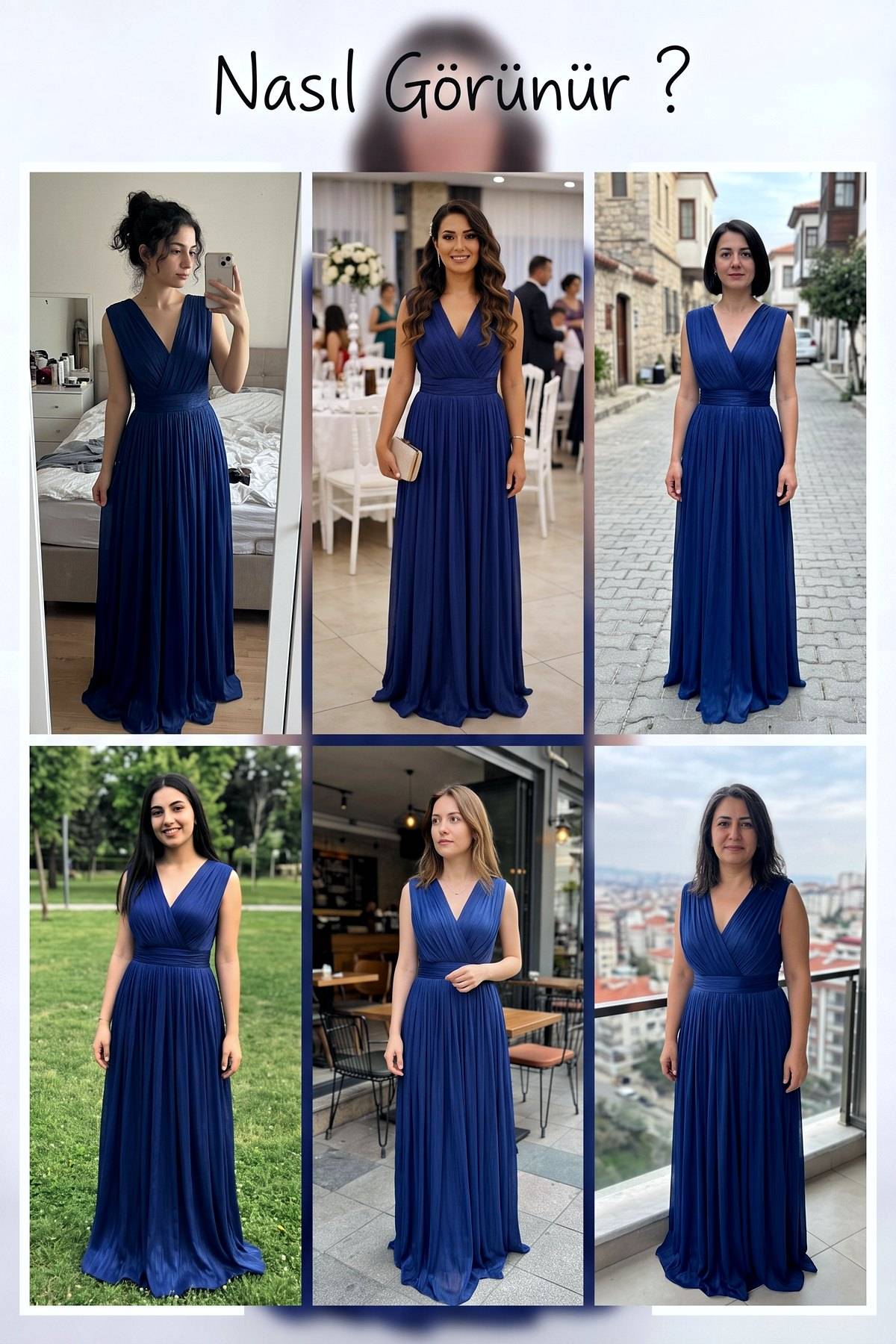 Lacivert, kruvaze yaka, vatkalı, piliseli, uzun abiye elbise farklı modellerde giyim