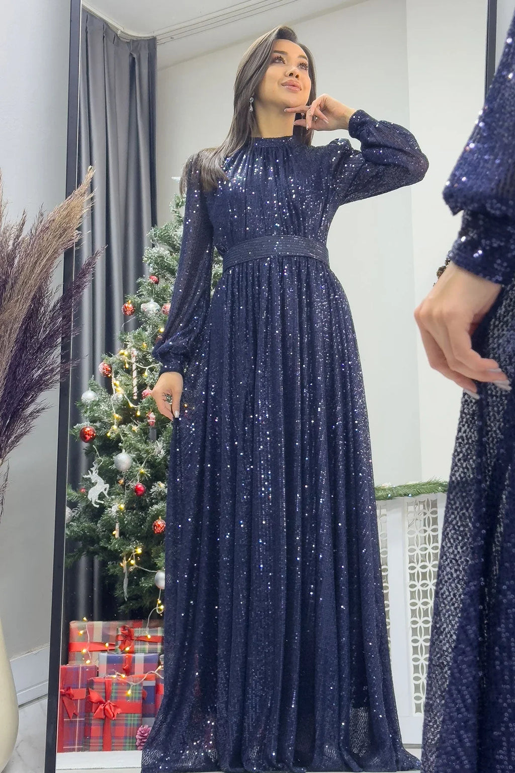 Lacivert Pul Payet Büzgü Detay Maxi Abiye Elbise - the ZKS