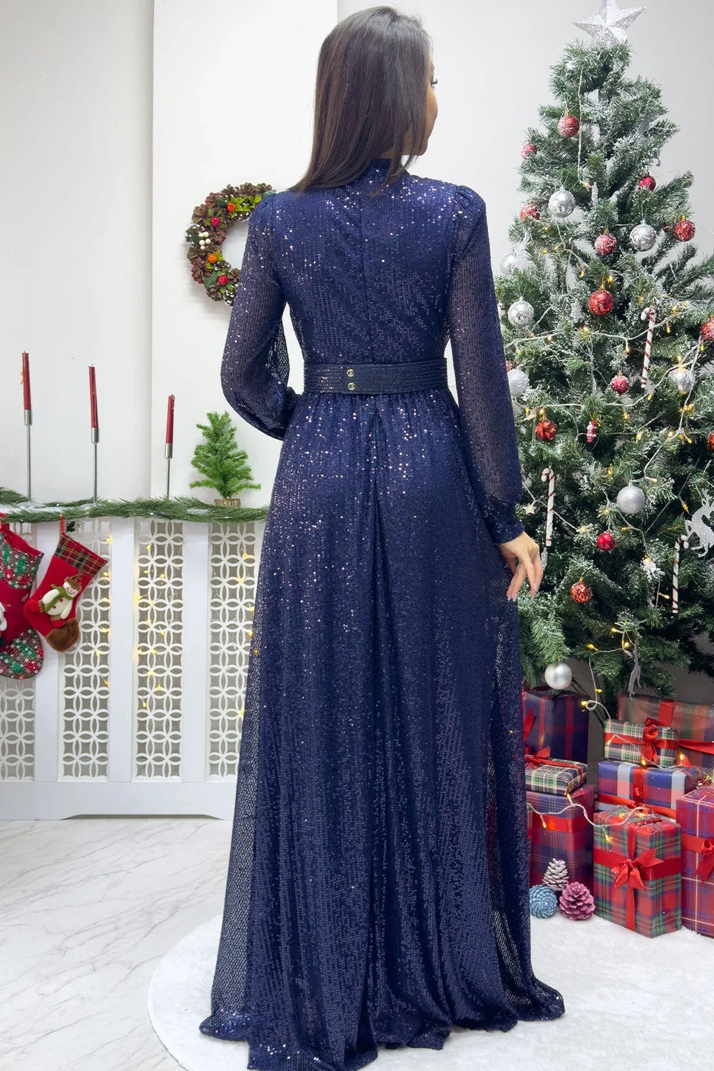 Lacivert Pul Payet Büzgü Detay Maxi Abiye Elbise - the ZKS