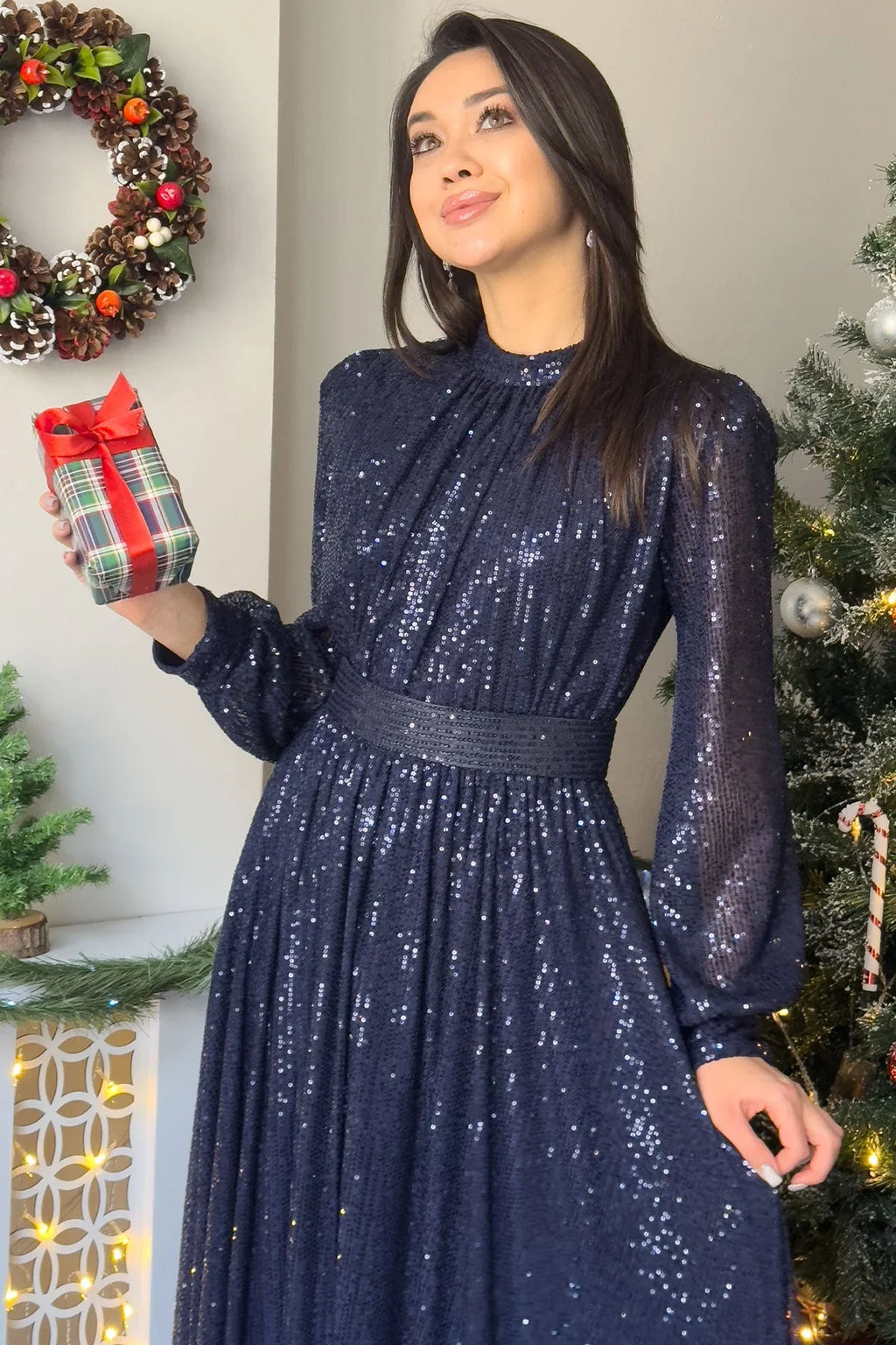 Lacivert Pul Payet Büzgü Detay Maxi Abiye Elbise - the ZKS