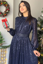 Lacivert Pul Payet Büzgü Detay Maxi Abiye Elbise - the ZKS