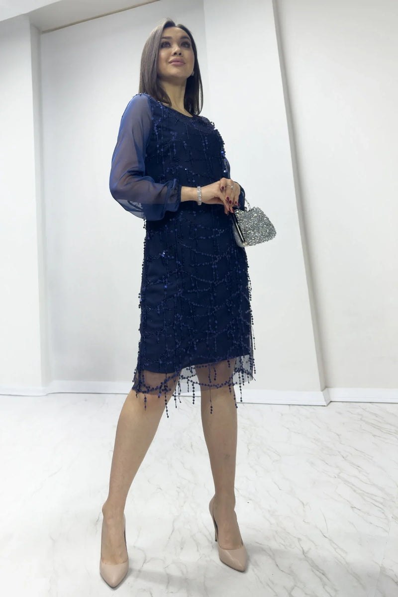 Lacivert Kadın Büyük Beden Şifon Pulpayet Abiye Elbise

