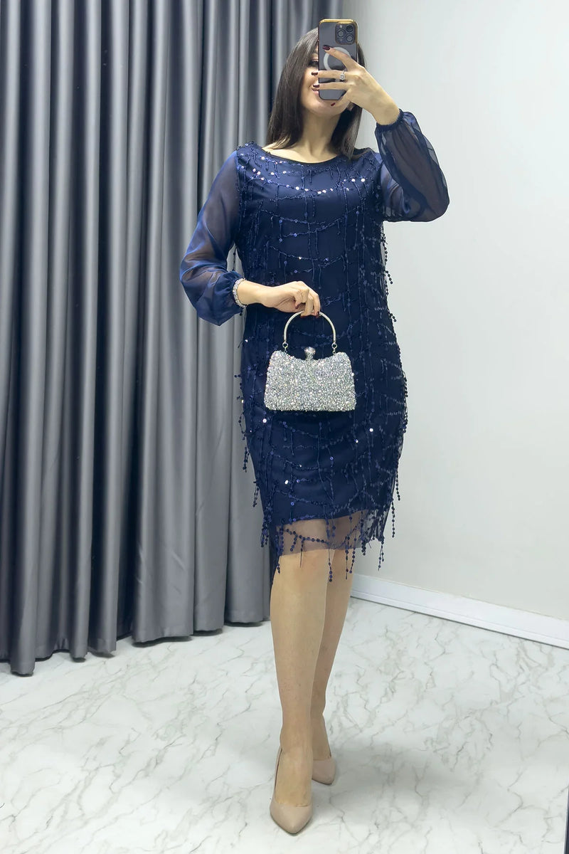 Lacivert Kadın Büyük Beden Şifon Pulpayet Abiye Elbise

