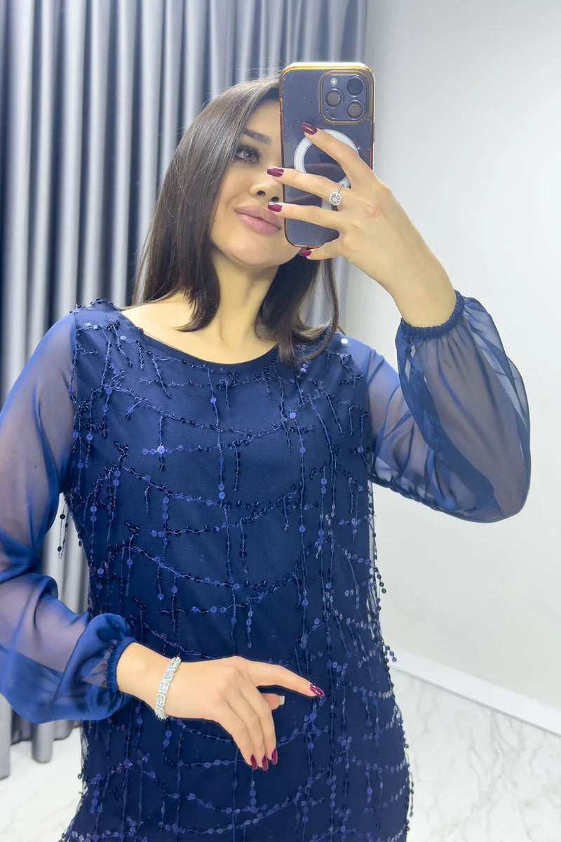 Lacivert Kadın Büyük Beden Şifon Pulpayet Abiye Elbise

