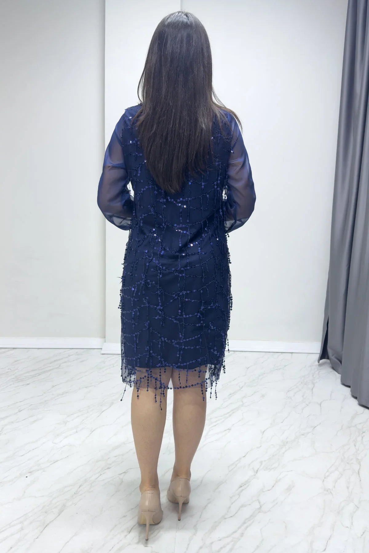 Lacivert Kadın Büyük Beden Şifon Pulpayet Abiye Elbise

