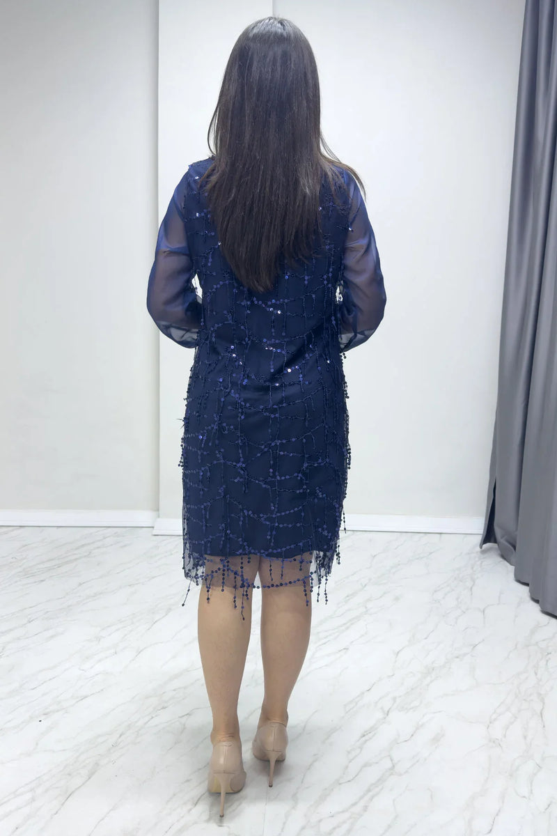 Lacivert Kadın Büyük Beden Şifon Pulpayet Abiye Elbise

