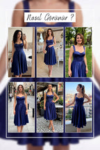The ZKS lacivert saten midi boy gloplu askılı abiye elbise farklı mekanlarda kullanım