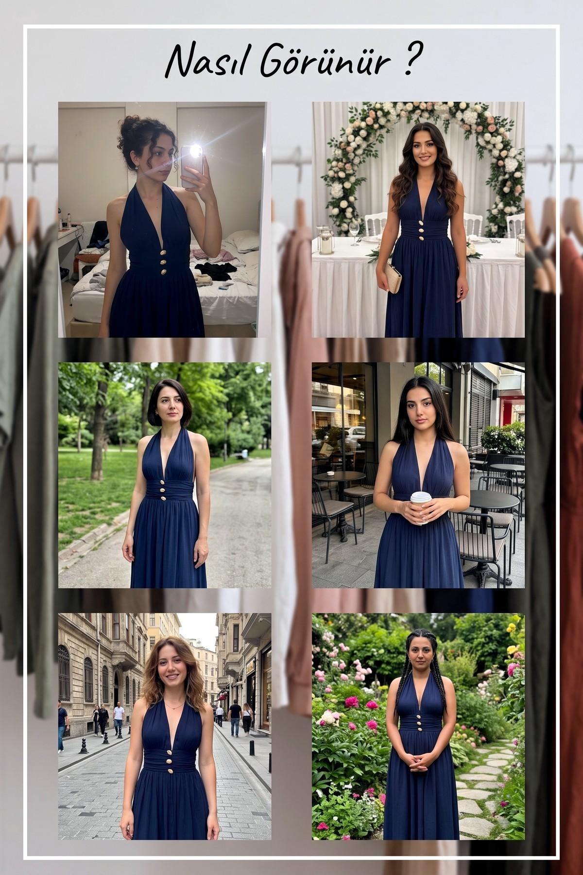 Farklı ortamlarda giyilmiş lacivert ZKS elbisesi, boyundan bağlamalı stil ve gold düğme detayları