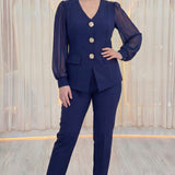 Lacivert Gold Düğmeli Şifon Kol Büyük Beden İkili Takım