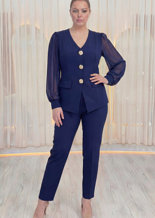 Lacivert Gold Düğmeli Şifon Kol Büyük Beden İkili Takım