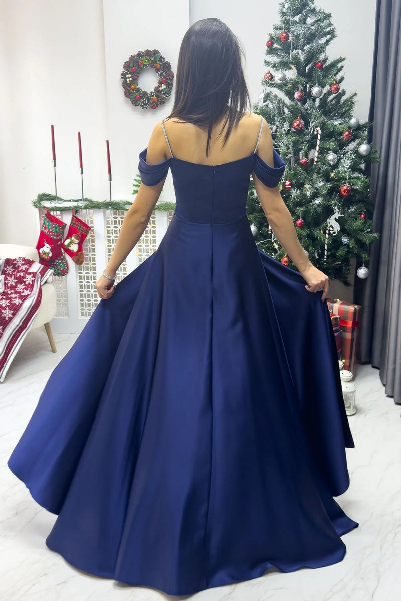 Lacivert Taş Askılı Düşük Omuz Saten Yırtmaçlı Abiye Elbise - the ZKS