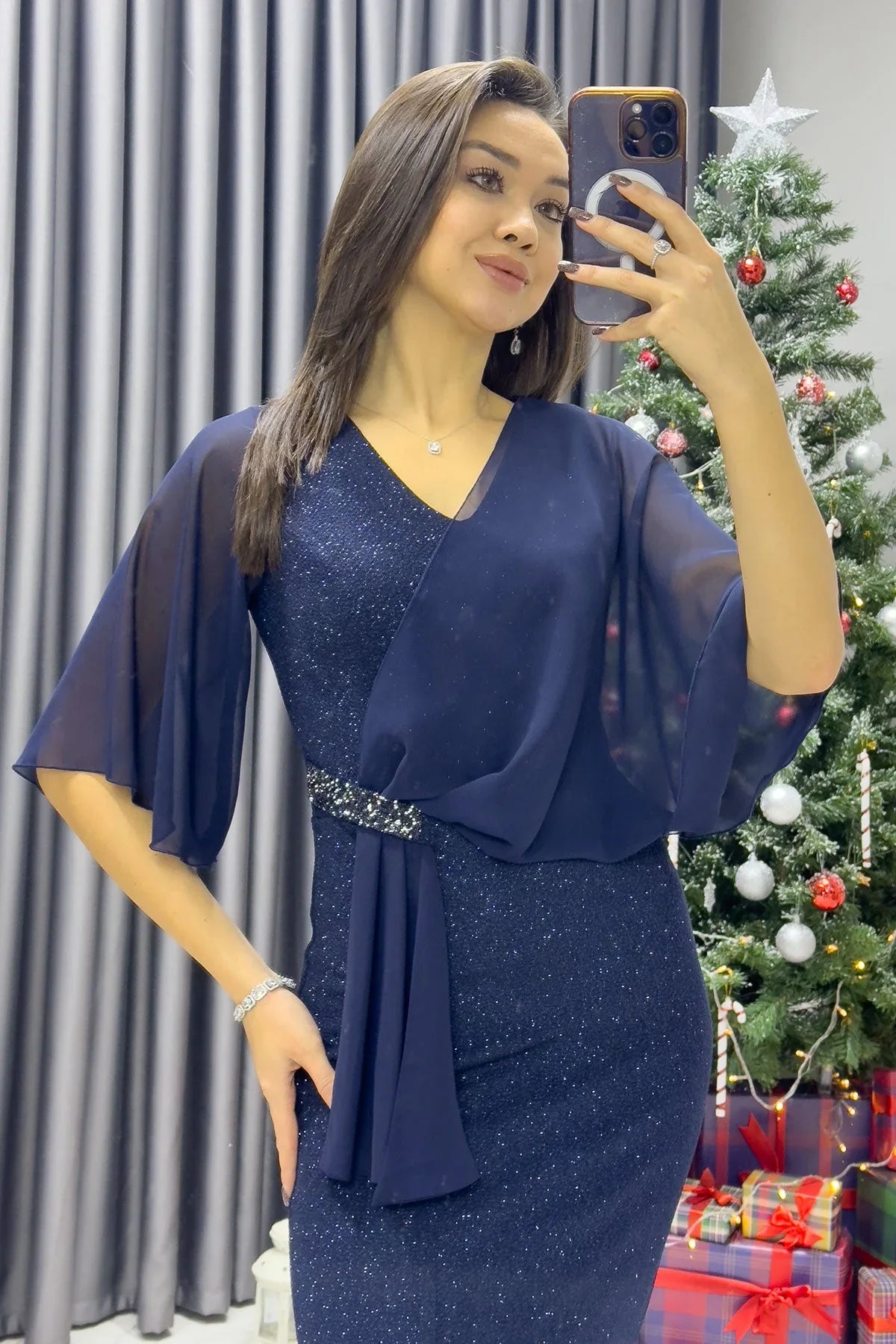 Lacivert Taş Detaylı Volan Kol Simli Abiye Elbise - the ZKS