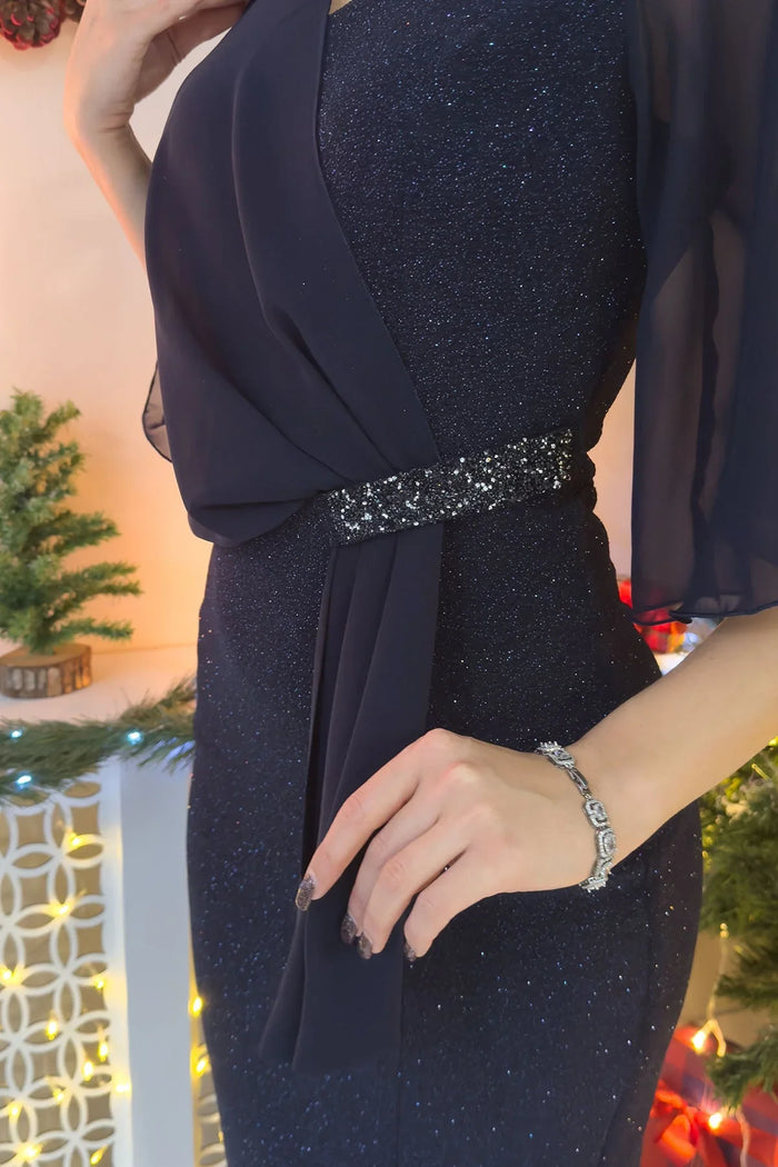 Lacivert Taş Detaylı Volan Kol Simli Abiye Elbise - the ZKS