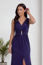 Lacivert ZKS abiye elbise V yaka piliseli bel detayı ve taş işlemeli