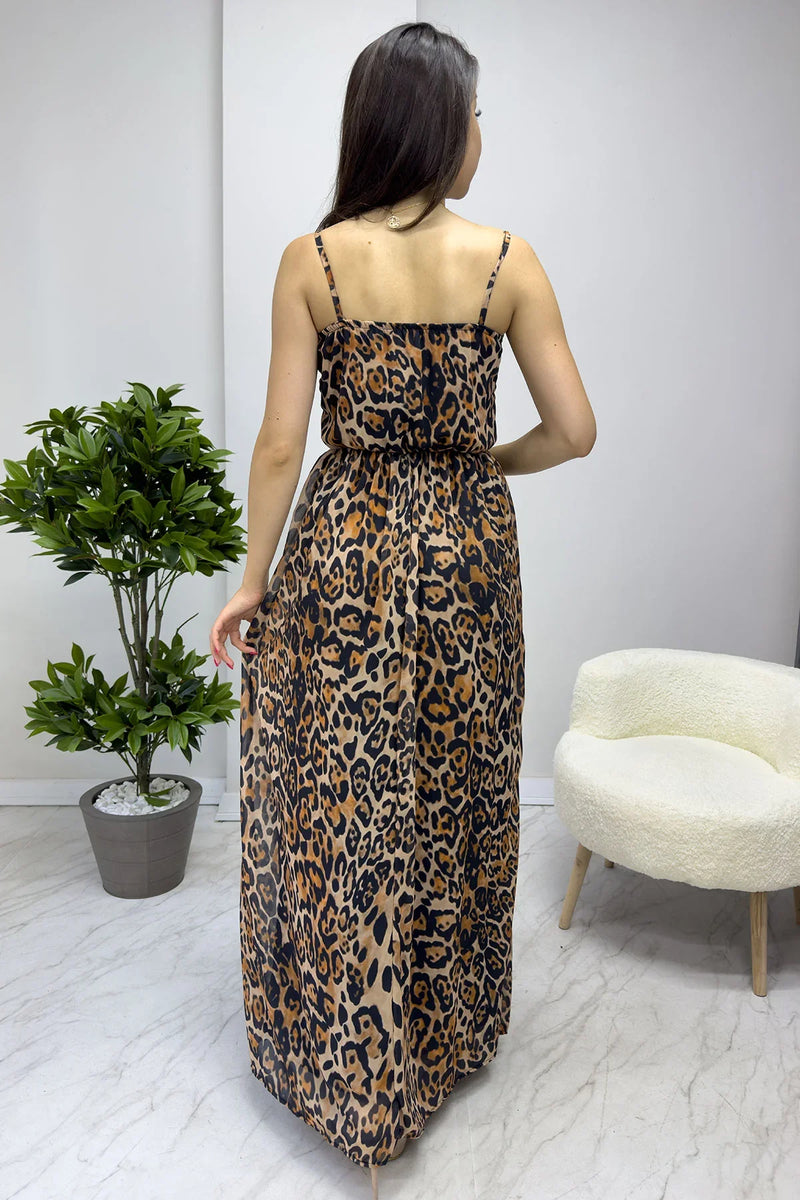 Askılı Leopar Desen Elbise