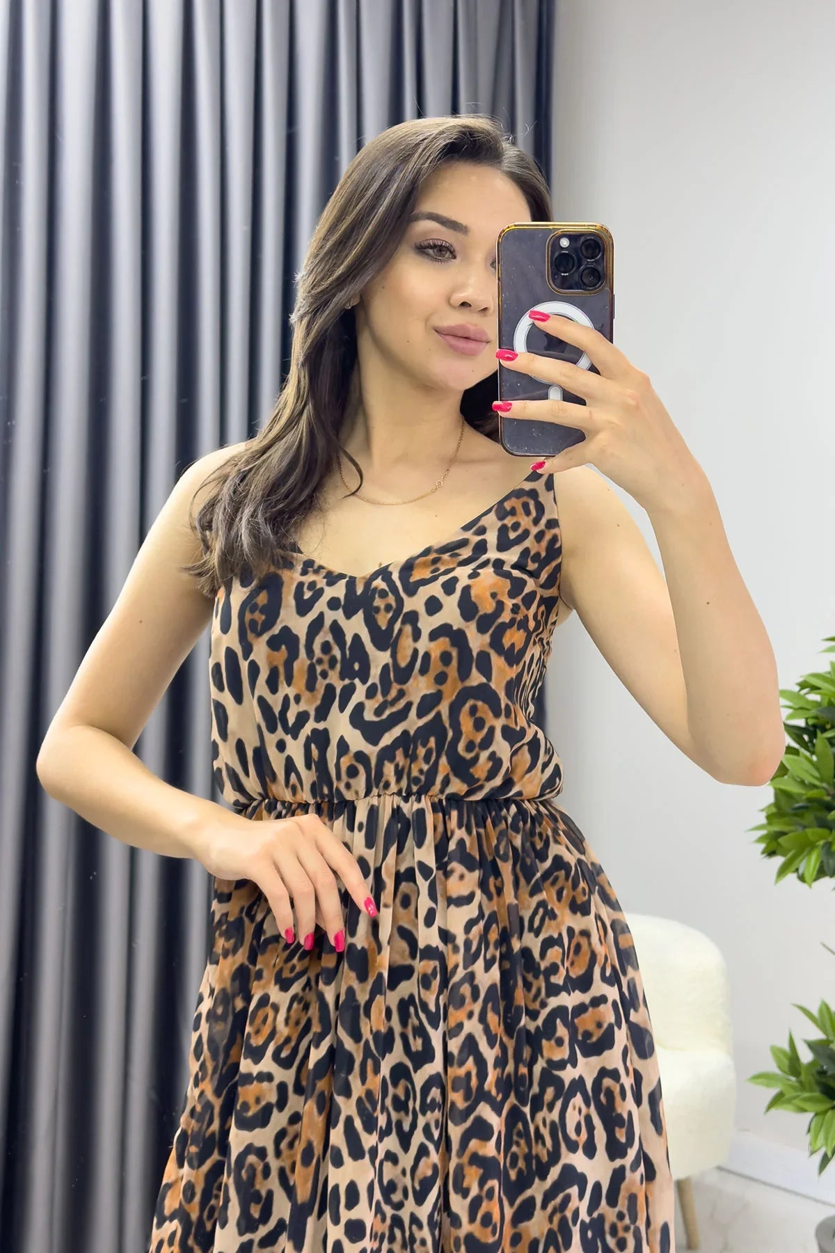 Askılı Leopar Desen Elbise