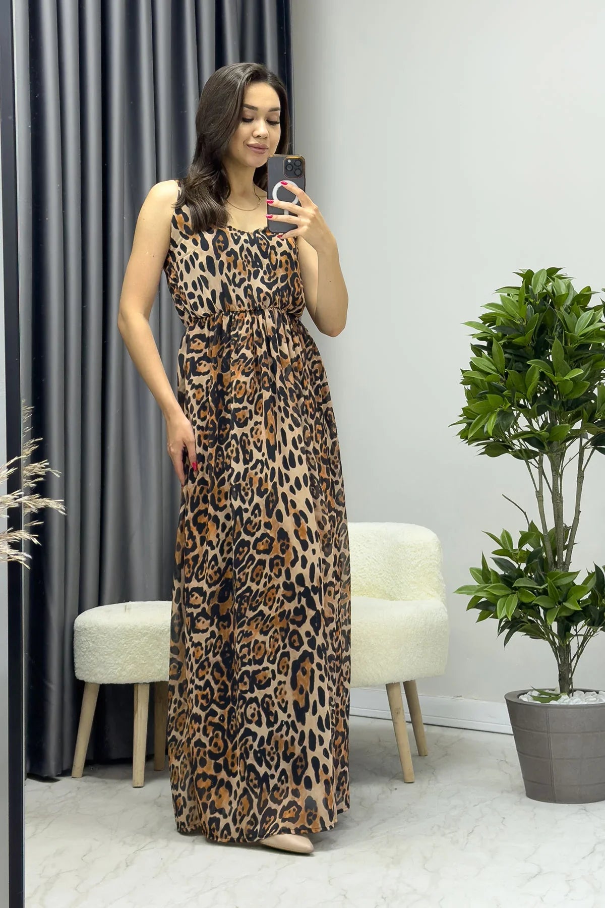 Askılı Leopar Desen Elbise