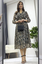 Leopar Balon Kol Kruvaze Midi Boy Şifon Elbise - the ZKS