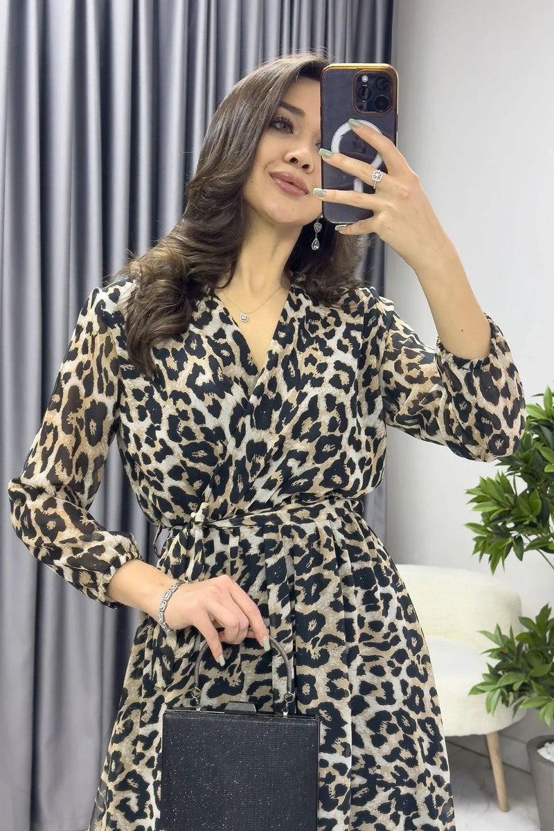 Leopar Balon Kol Kruvaze Midi Boy Şifon Elbise - the ZKS