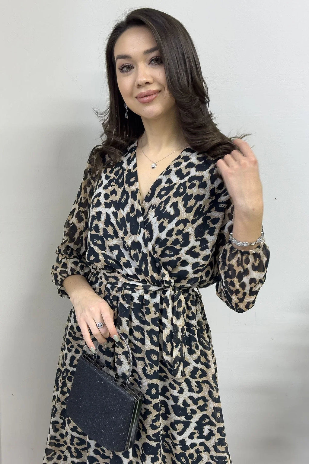 Leopar Balon Kol Kruvaze Midi Boy Şifon Elbise - the ZKS