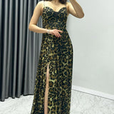 Kadın Leopar Taş Askılı Ayarlanabilir Yırtmaçlı Büyük Beden Abiye Elbise