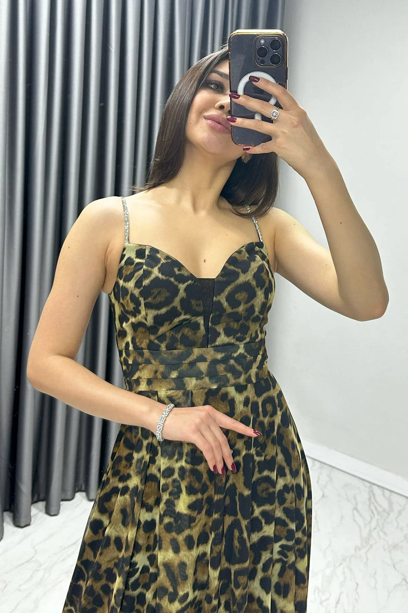 Kadın Leopar Taş Askılı Ayarlanabilir Yırtmaçlı Büyük Beden Abiye Elbise

