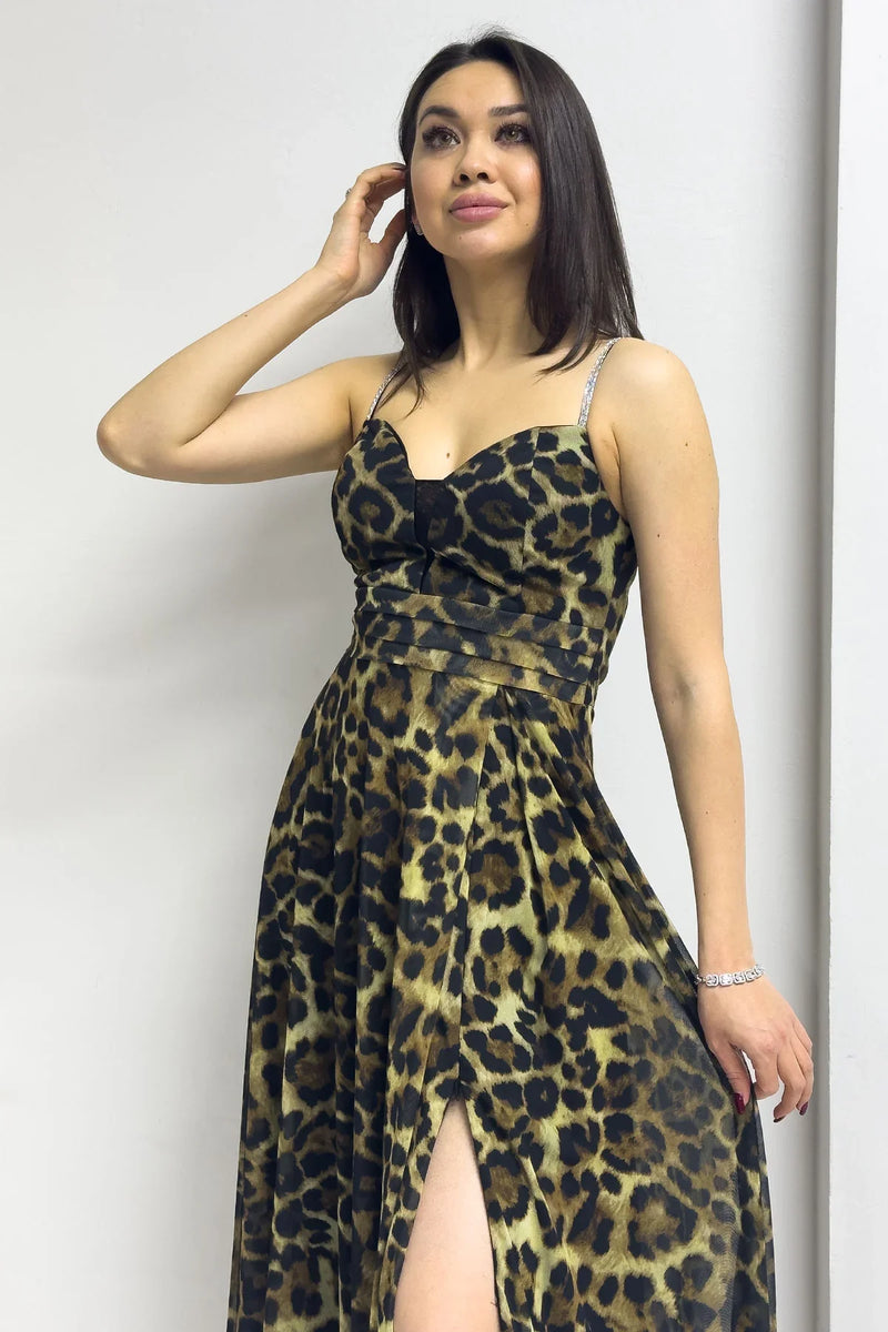 Kadın Leopar Taş Askılı Ayarlanabilir Yırtmaçlı Büyük Beden Abiye Elbise

