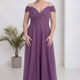 Lila Büyük Beden Piliseli Kruvaze Abiye Elbise