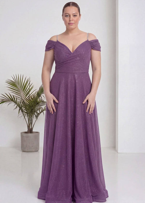 Lila Büyük Beden Piliseli Kruvaze Abiye Elbise