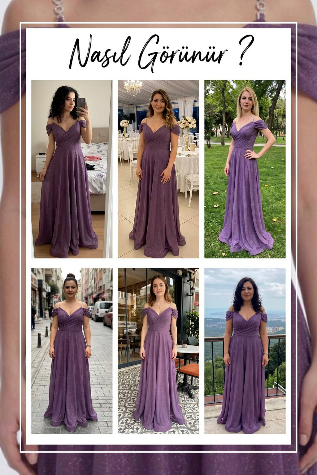 Farklı mekanlarda giyilmiş lila kruvaze abiye elbiselerin kolajı, omuzları açık, V yaka