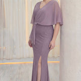 Lila Büyük Beden Yan Taşlı Şifon Kol Abiye Elbise