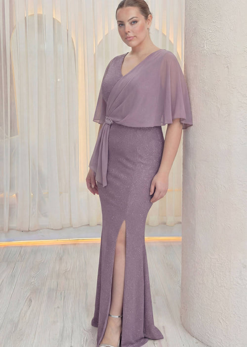 Lila Büyük Beden Yan Taşlı Şifon Kol Abiye Elbise