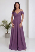 Lila Düşük Omuz Simli Uzun Abiye Elbise
