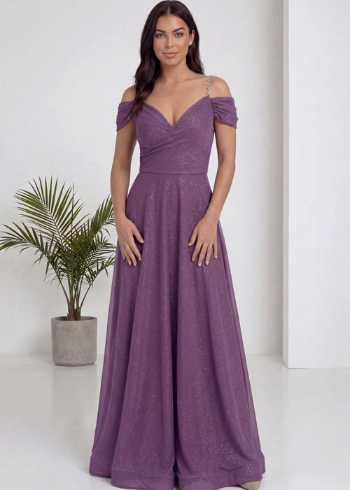 Lila Düşük Omuz Simli Uzun Abiye Elbise