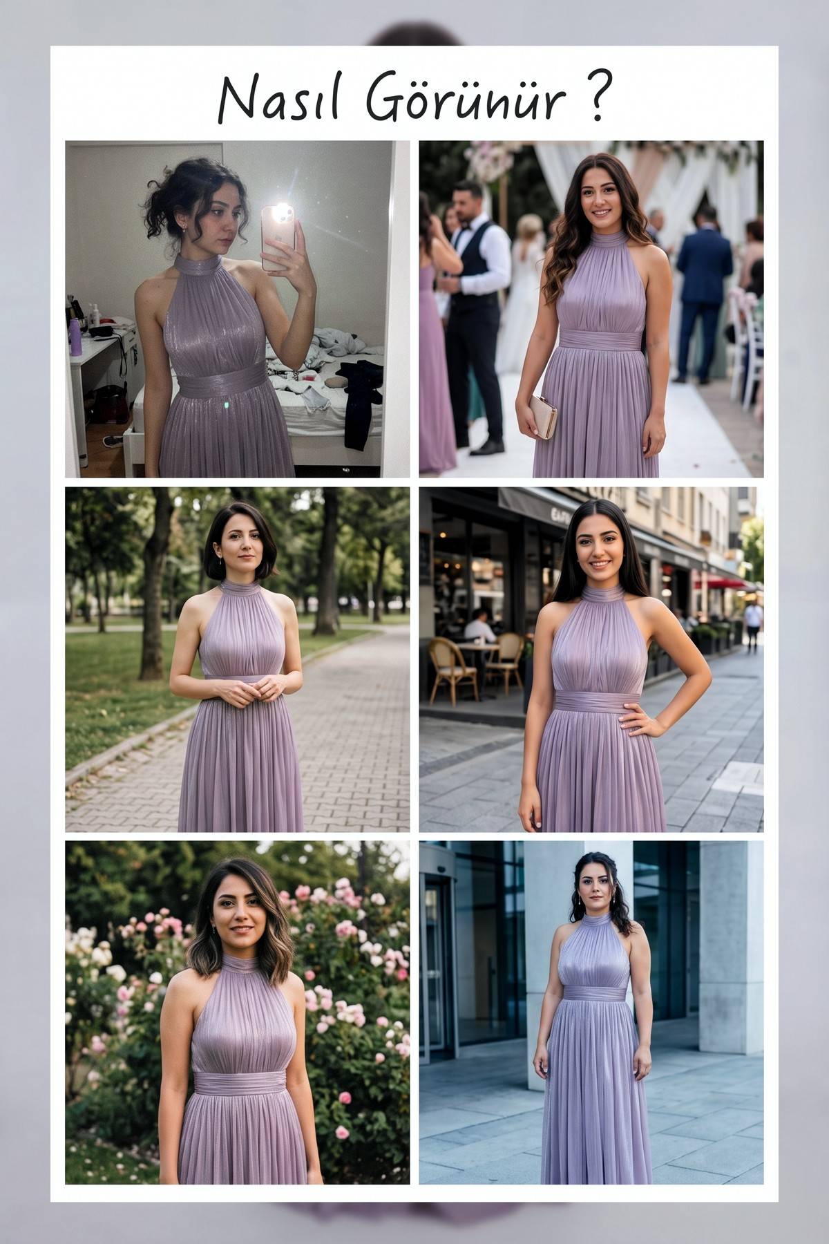 The ZKS lila halter yaka piliseli abiye elbisenin farklı vücut tiplerinde duruşu.